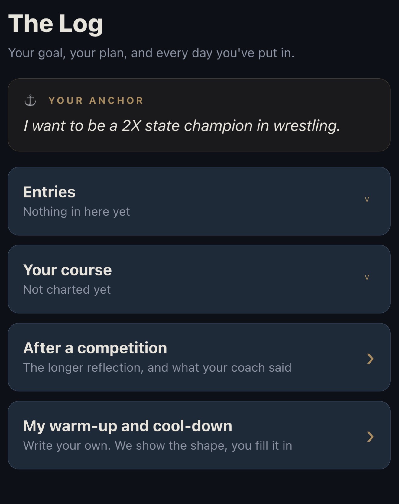 The Log screen: the athlete's anchor, his entries, his course, and post-competition reflection.