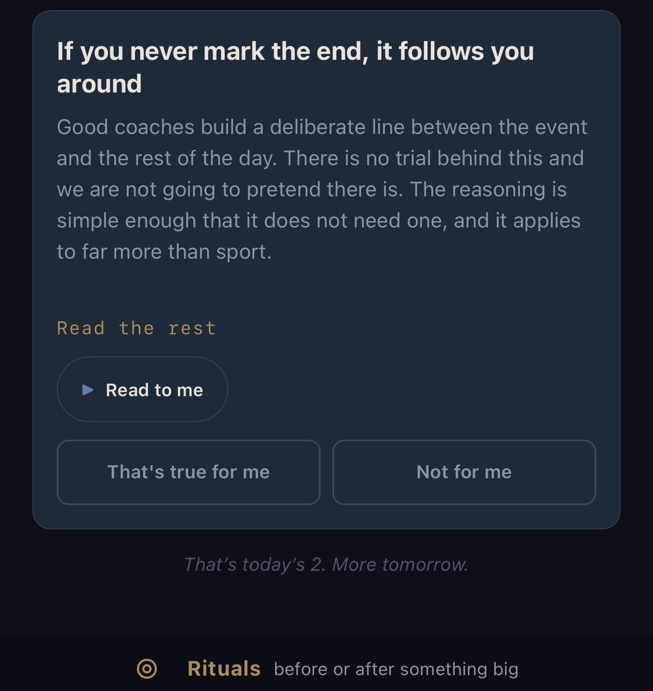 A reading in the app, which says plainly that there is no trial behind the claim it is making.